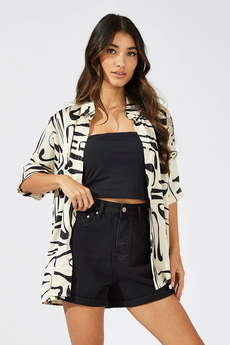 White Abstract Shirt Short Sleeve City Beat Comfortable fit
