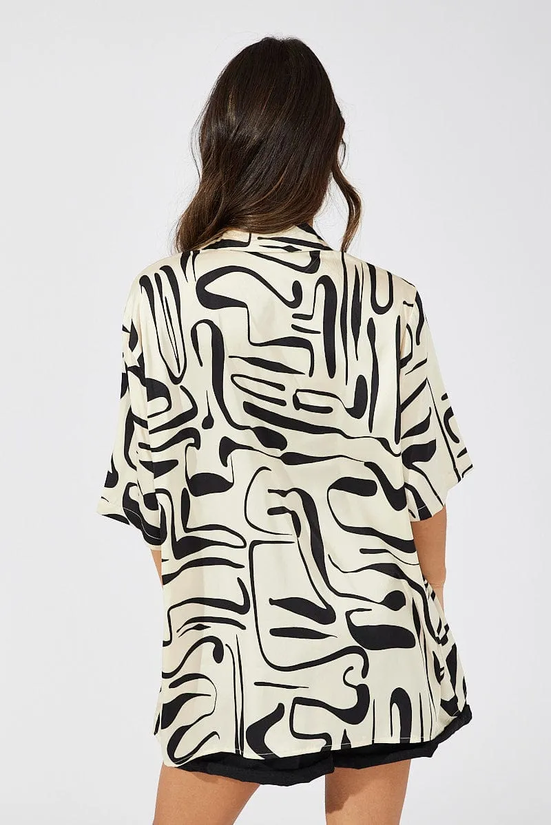 White Abstract Shirt Short Sleeve Night Charm Stage Feel