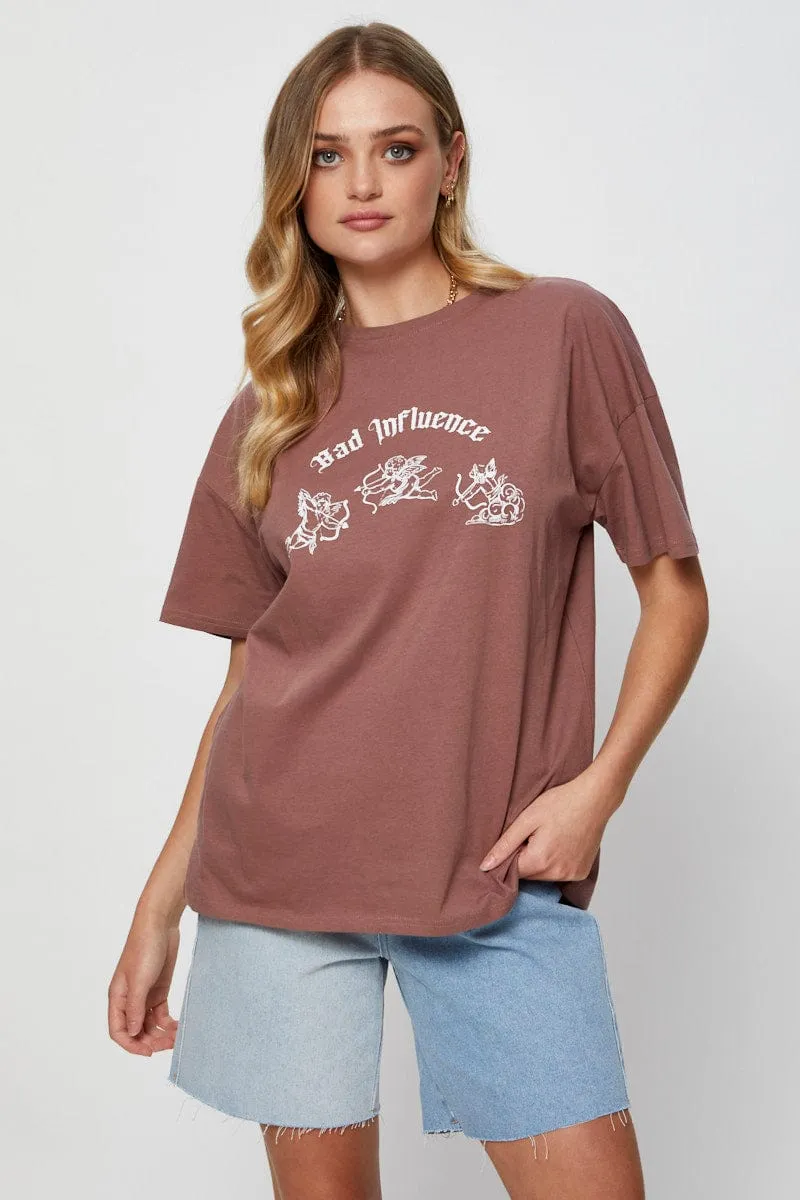 Brown Graphic T-Shirt Short Sleeve Crop Quick Dry Fabric