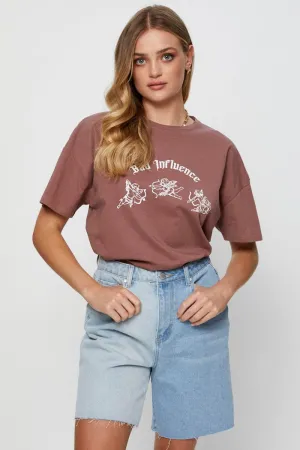 Micro Perforation Adjustable Hem Brown Graphic T-Shirt Short Sleeve Crop