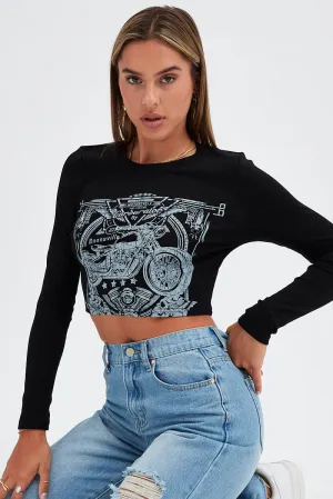 Black Tee Round Neck Graphic Print thermal