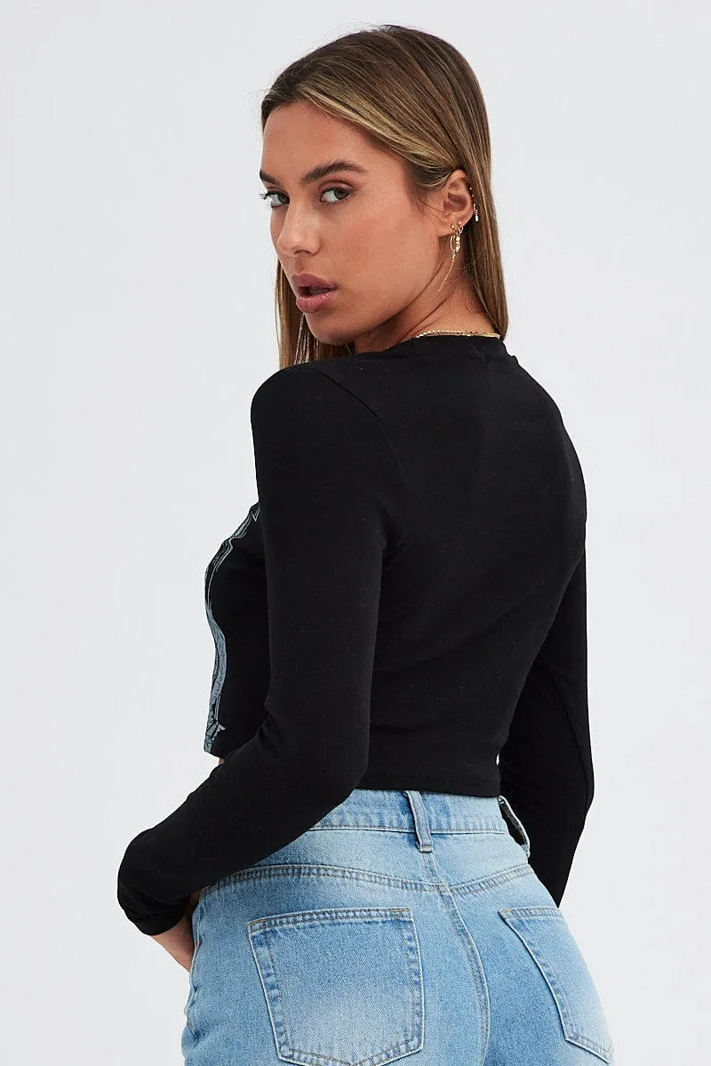 TemperatureControl Fabric Black Tee Round Neck Graphic Print