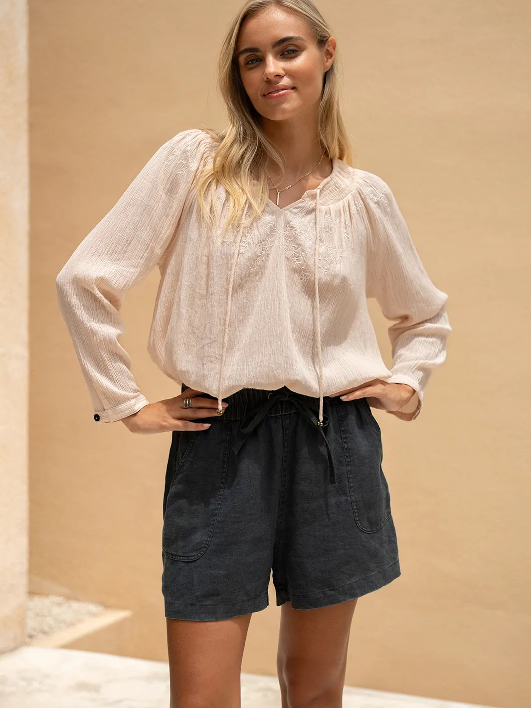 Anika Linen Shorts Charcoal Glow Chic Minimalist Closure Shoot Ready