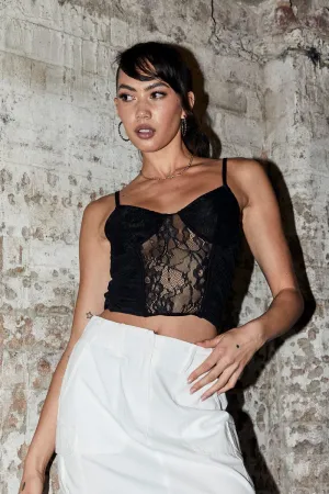 Black Singlet Sleeveless Sweetheart Crop Lace Comfortable Wear Elegant Top