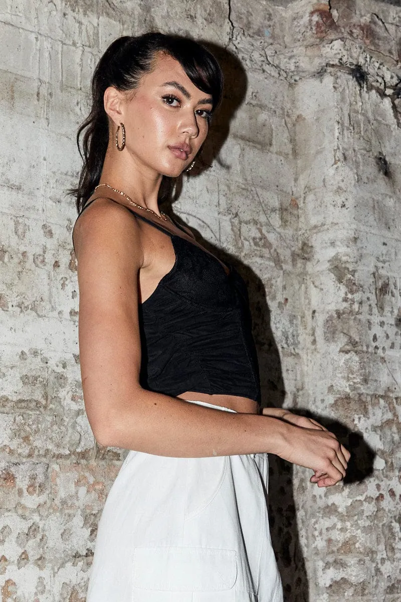 Black Singlet Sleeveless Sweetheart Crop Lace Wrinklefree