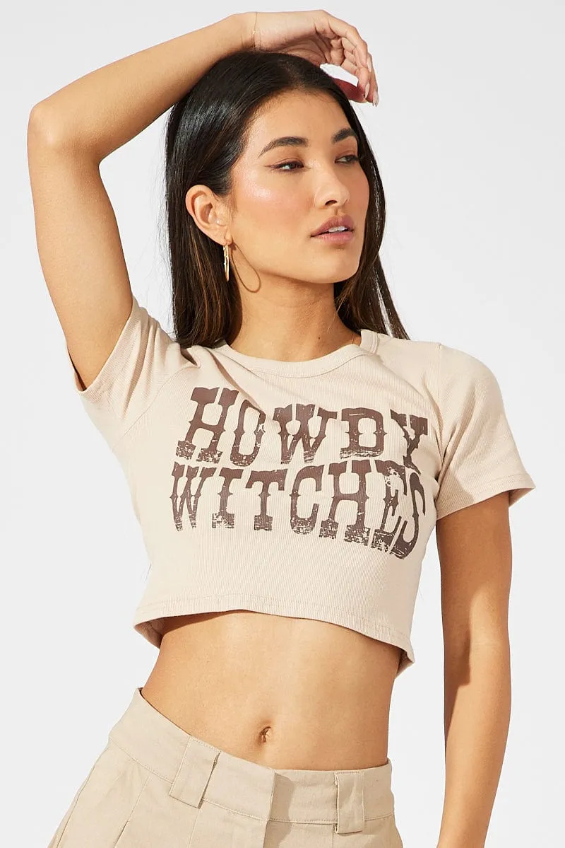 Beige Western Halloween Howdy Witches Graphic Baby Tee Travel Outfit