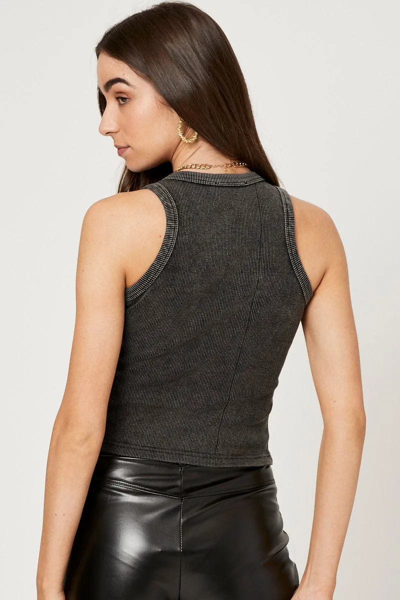 Grey Acid Wash Racer Neck Crop Top Late Breeze