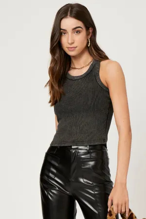 Grey Acid Wash Racer Neck Crop Top Colorfast Dye
