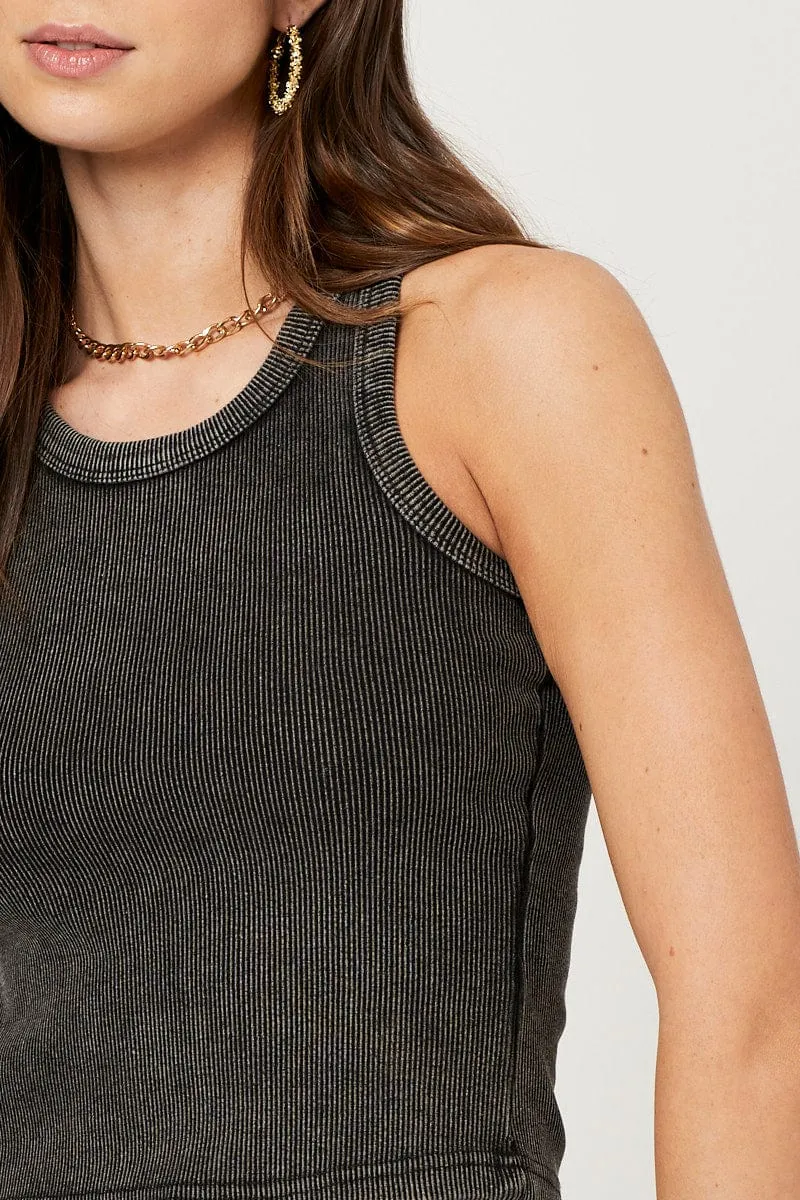 Grey Acid Wash Racer Neck Crop Top HighDensityWeave TumbleDry Safe