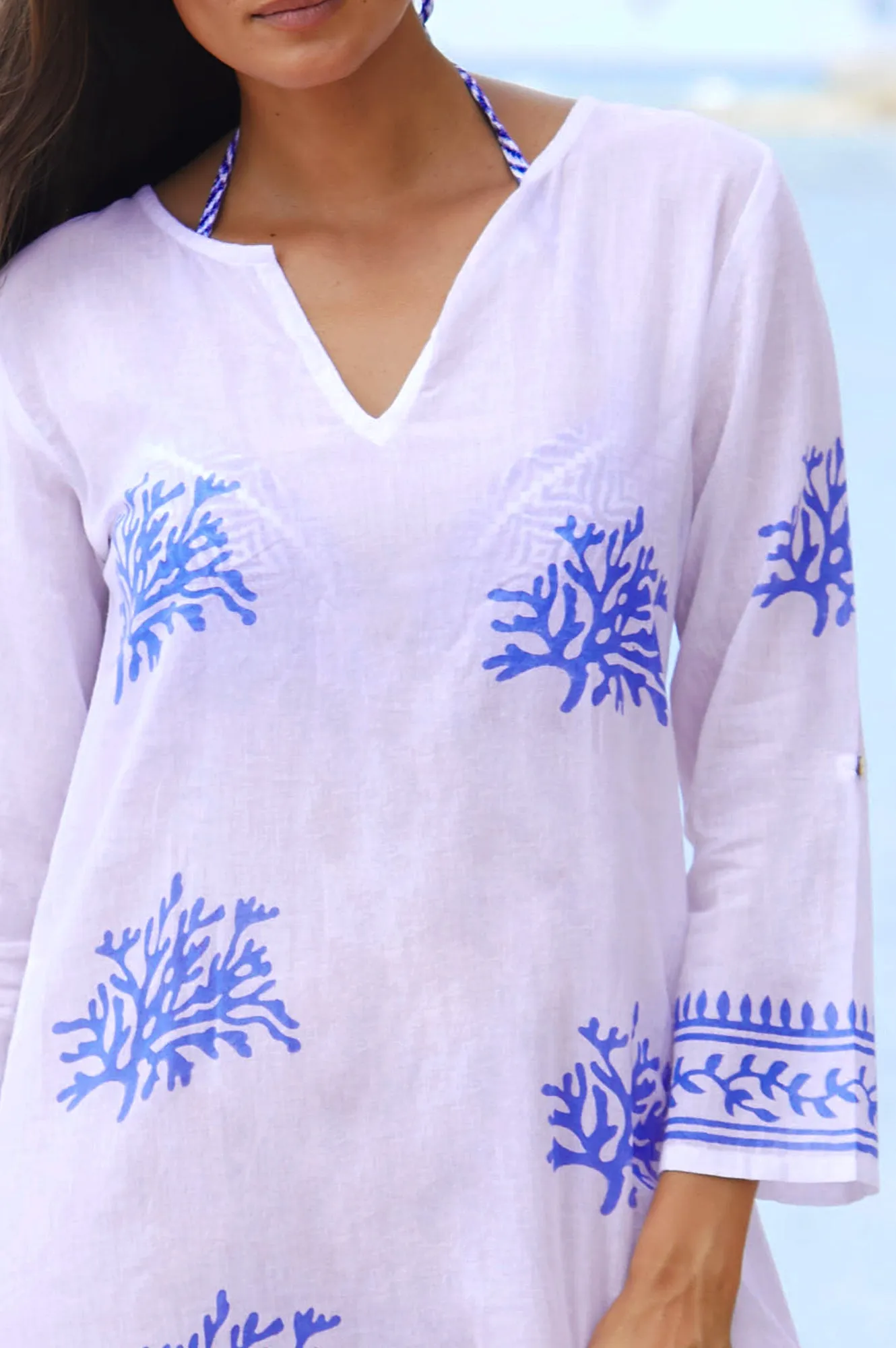 Guadalupe Short Tunic | White/Cobalt Blue Tie Back Closure System