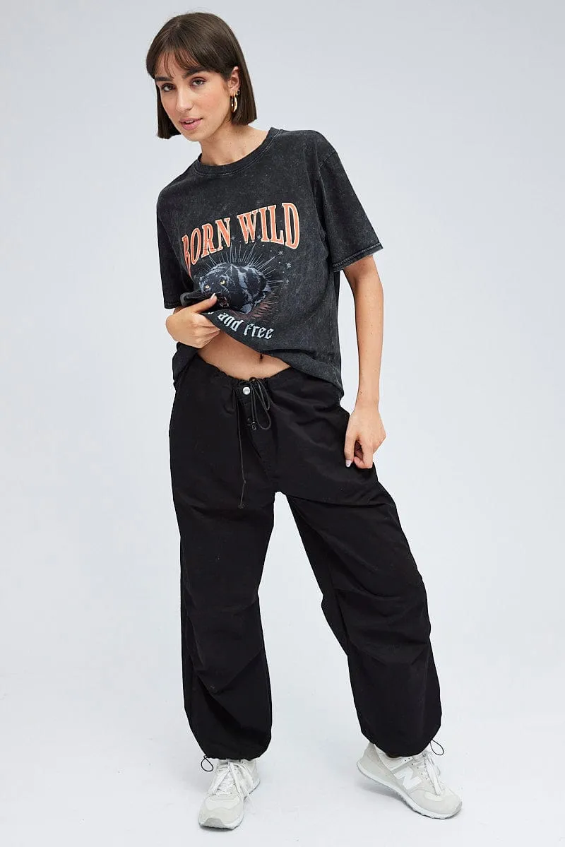 Low Impact Processing Travel Fashion Black Graphic Tee Short Sleeve Garment washed