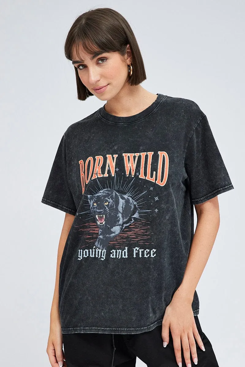 Tubular Knit Structure Layering Comfort Wear Black Graphic Tee Short Sleeve Garment washed