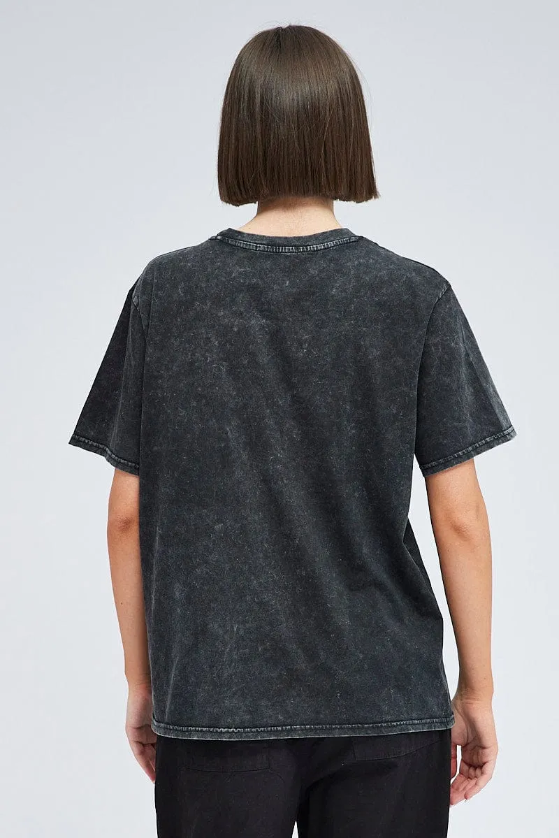 Stylish Design Black Graphic Tee Short Sleeve Garment washed