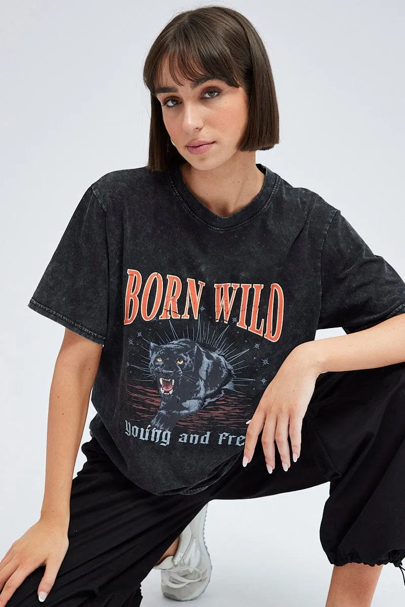 Black Graphic Tee Short Sleeve Garment washed safe for skin