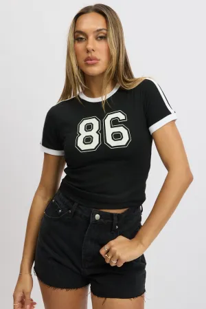 Cool Weather Wear Simple Chic Black Graphic Tee Short Sleeve Contrast Binding