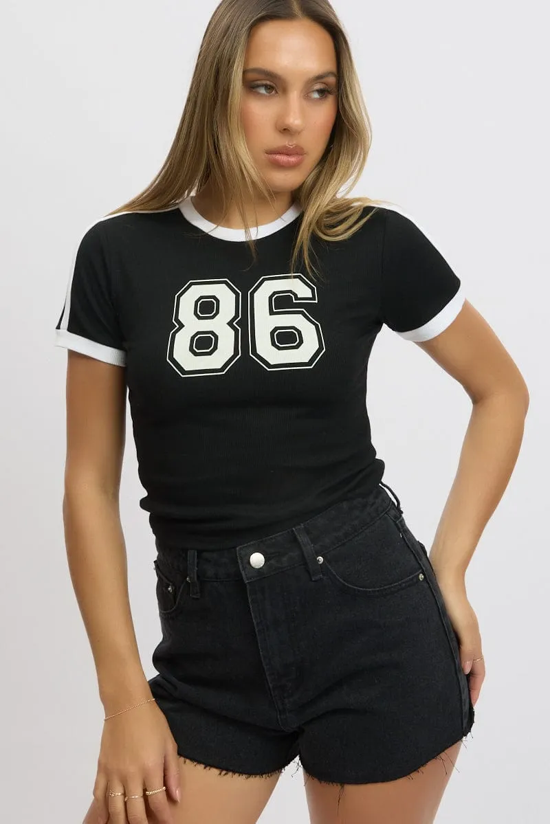 Comfy Look Wear Everyday Layering Black Graphic Tee Short Sleeve Contrast Binding