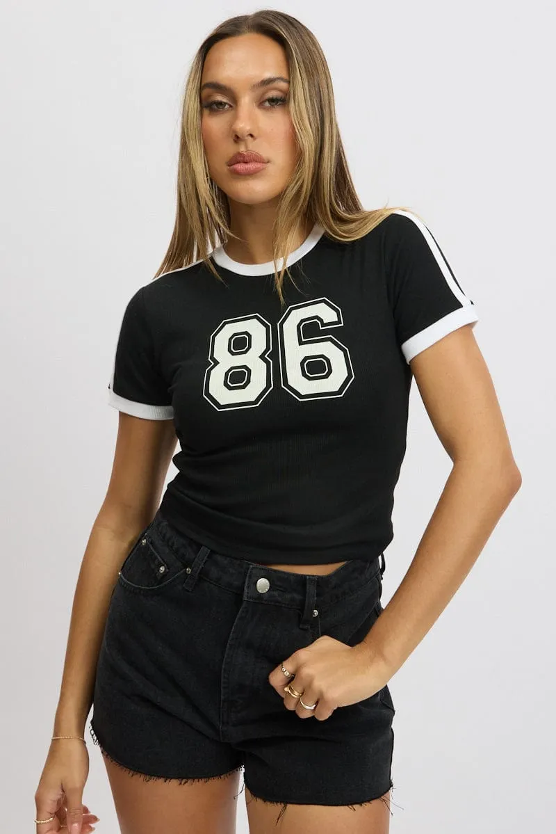 Cool Weather Wear Simple Chic Black Graphic Tee Short Sleeve Contrast Binding