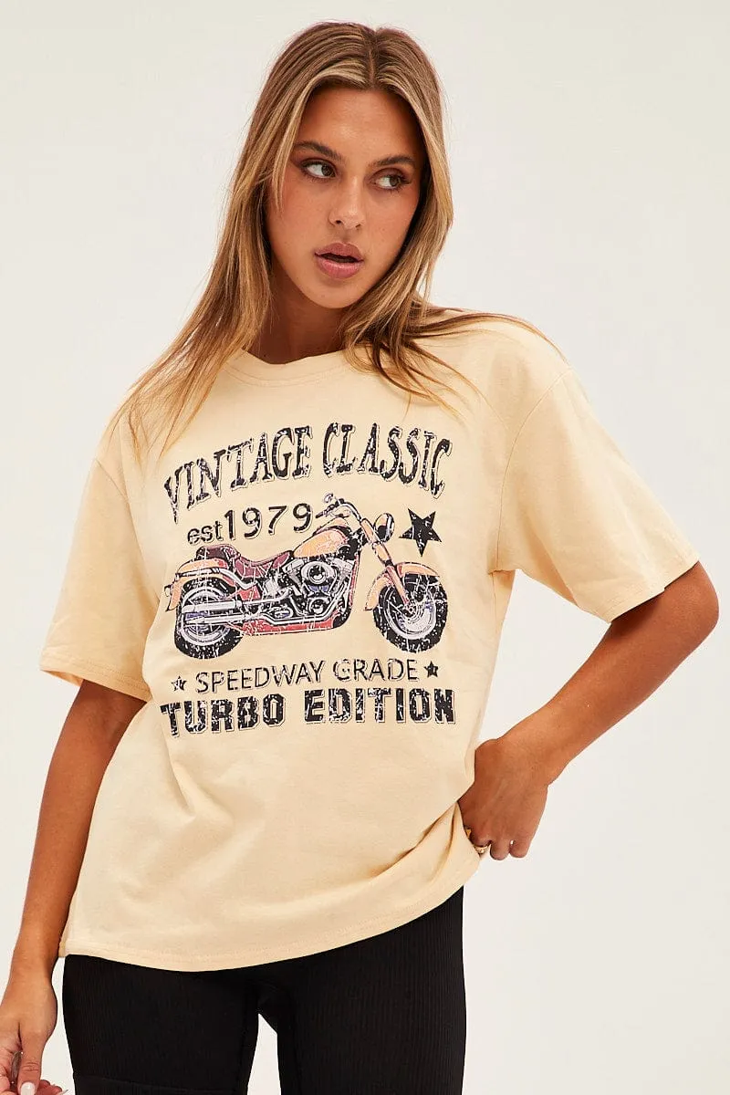 Beige Graphic Short Sleeve Oversized T-Shirt Comfortable Casual