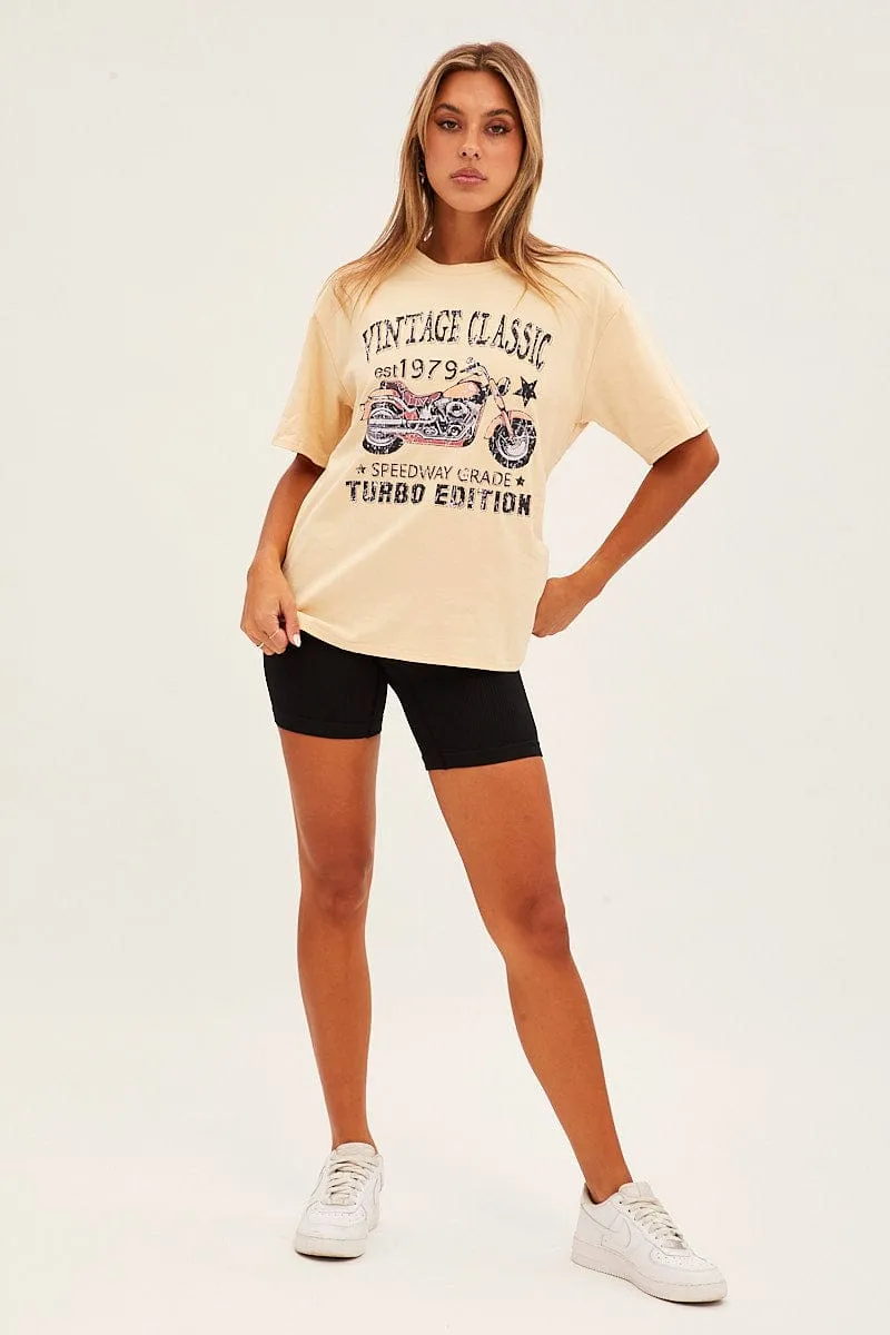 Beige Graphic Short Sleeve Oversized T-Shirt Universal Silhouette Comfort Style