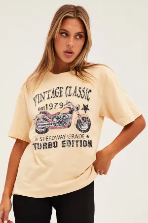 Beige Graphic Short Sleeve Oversized T-Shirt Comfortable Casual
