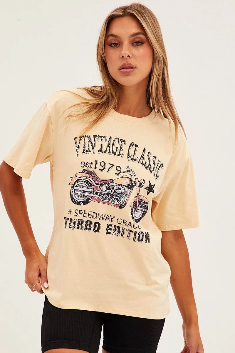 Bright Color Beige Graphic Short Sleeve Oversized T-Shirt