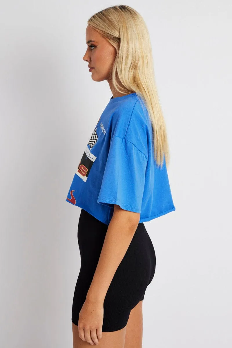 Odor Resistant Treatment Seam Free Shoulders Blue Graphic Tee Motocross Racing Crop Top T-shirt