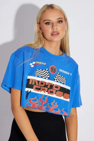 Drop Shoulder Design Blue Graphic Tee Motocross Racing Crop Top T-shirt
