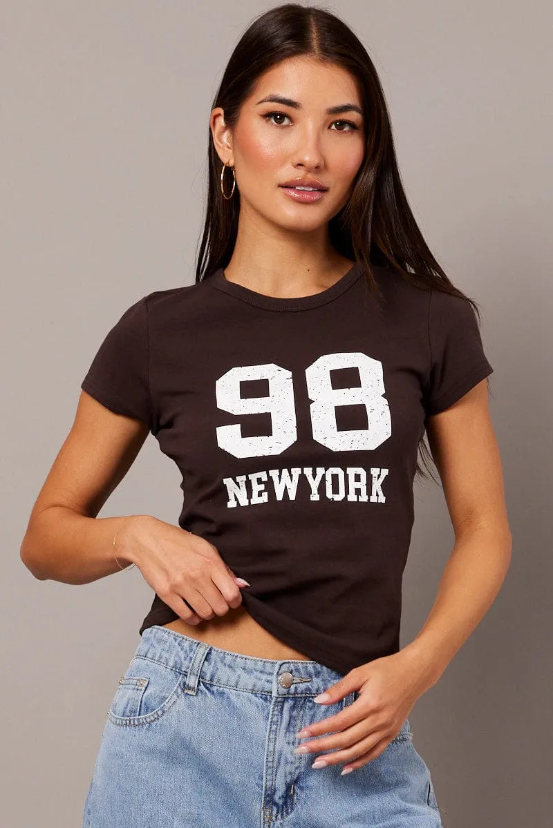 Microfiber Blend Sleep Brown Graphic Tee Short Sleeve