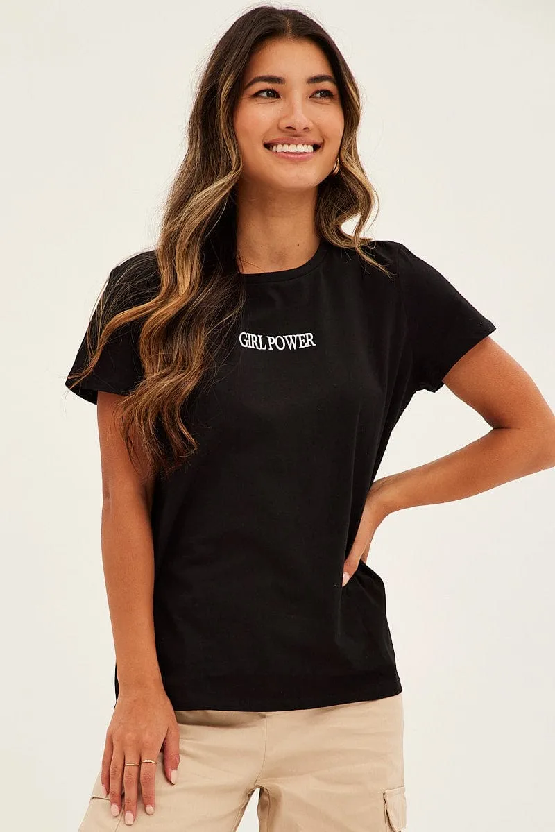 Black Embroidered Slogan Girl Power T-Shirt Royal Mode