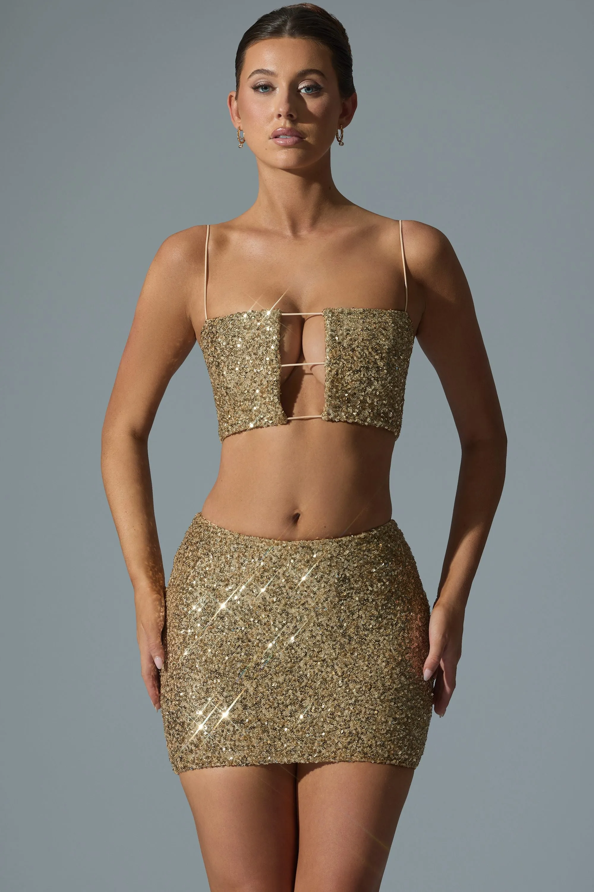 Embellished Mid-Rise Mini Skirt in Gold Bold Statement