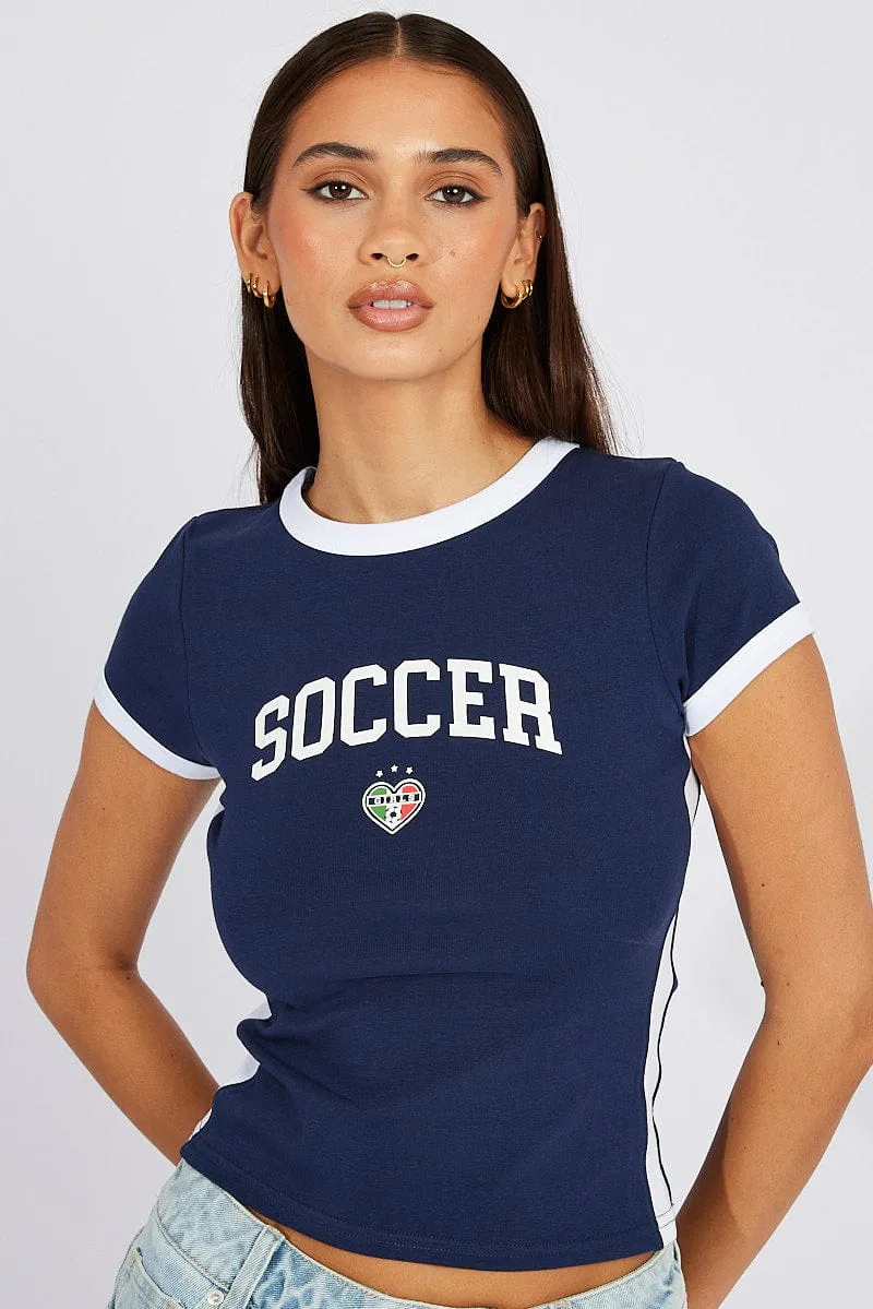 Blue Graphic Tee Short Sleeve Casual All-Day