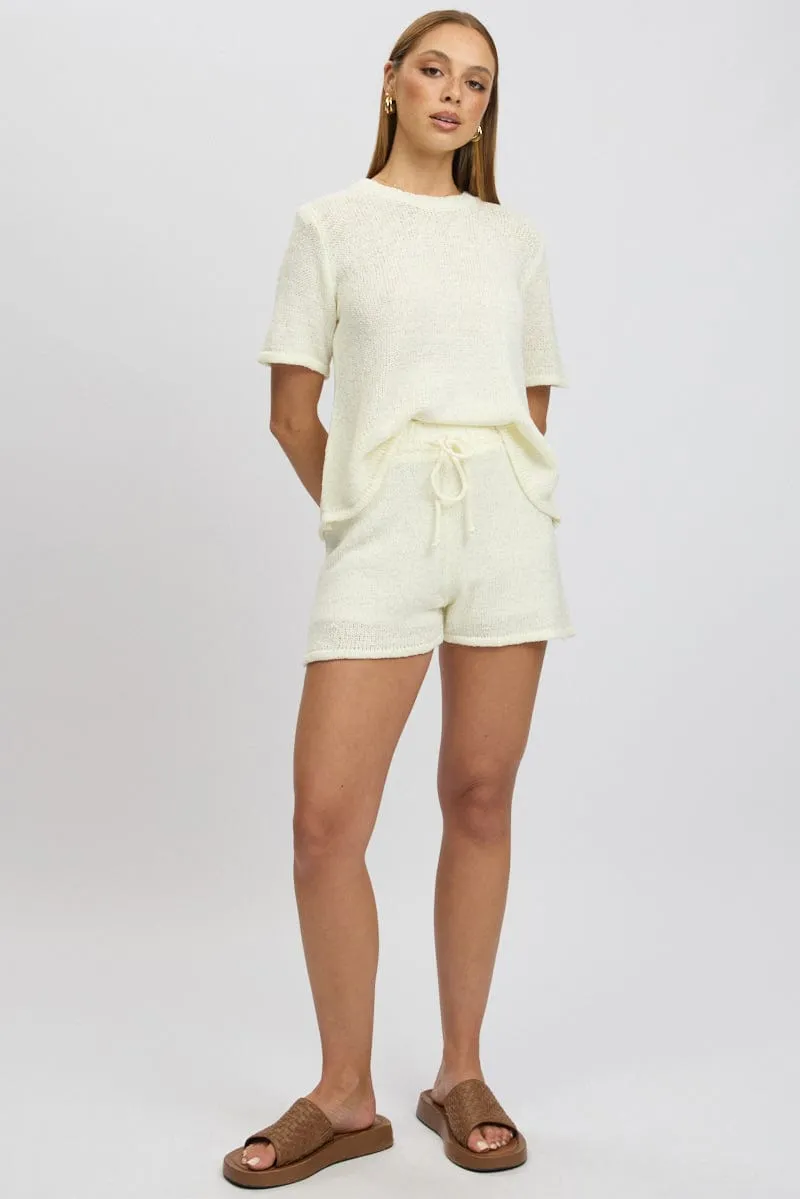 White Knit Shorts Elasticated Waist Classic Fit button-down look