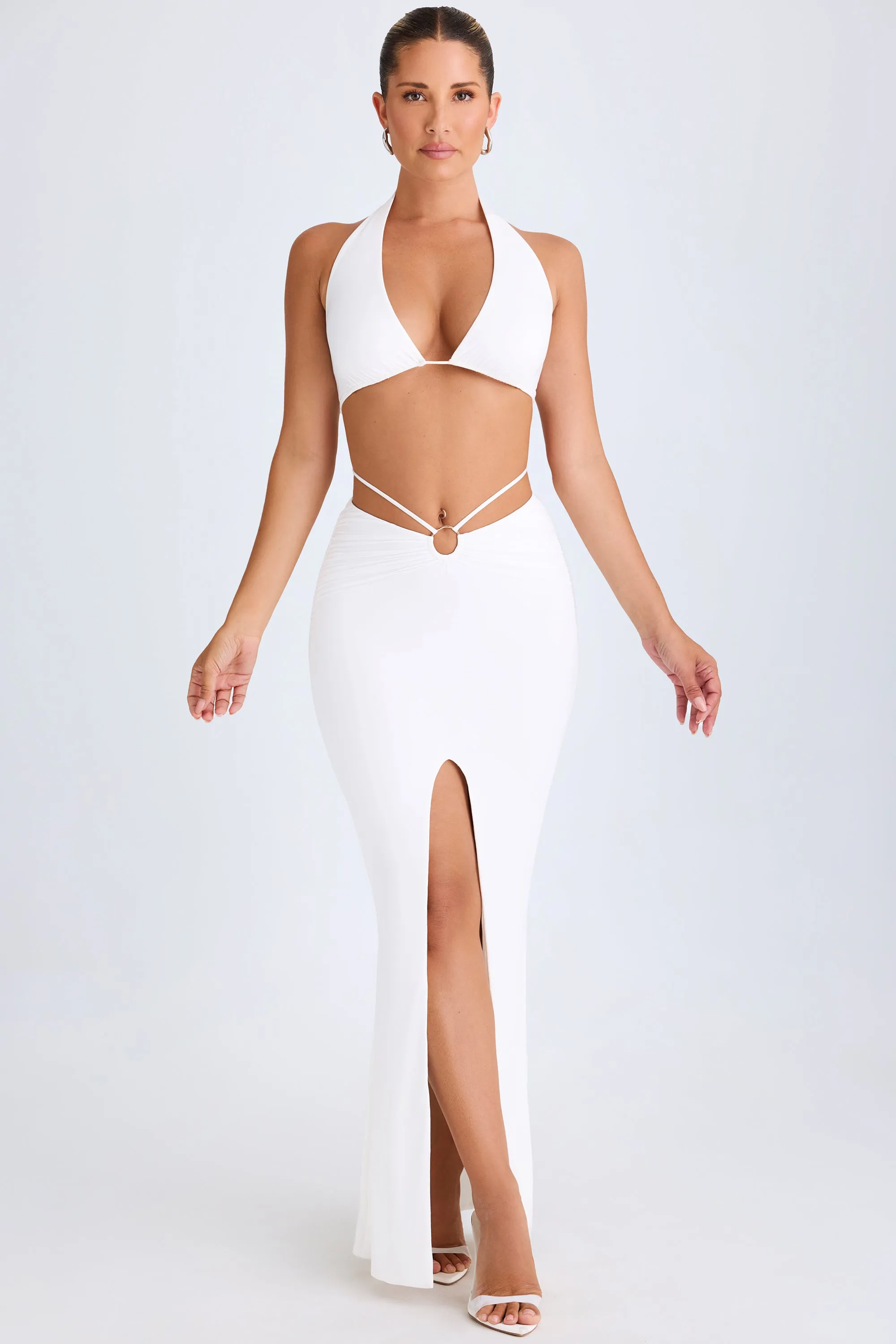 Rolled Hem Unique Feature Hardware-Detail Mid-Rise Maxi Skirt in White