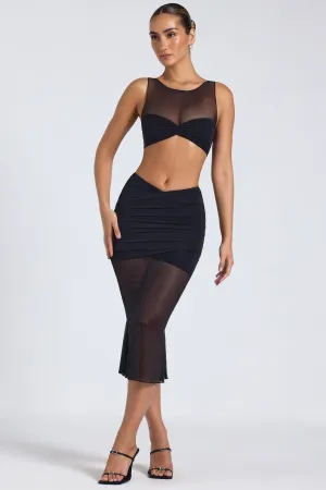 Crisscross Details Contemporary Mood Sheer Panelled Draped Midaxi Skirt in Black