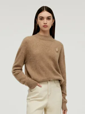 Cozy Everyday Wear Fashion Layer Cashmere Mock Neck Women Sweater With Wheat Ear Brooch