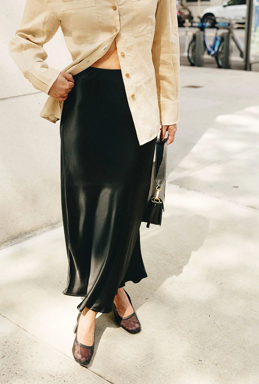 Nadine Satin Skirt - Black Classic Suit Run Glow