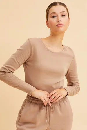 Beige Rib T-Shirt Crew Neck Long Sleeve Relaxed trousers