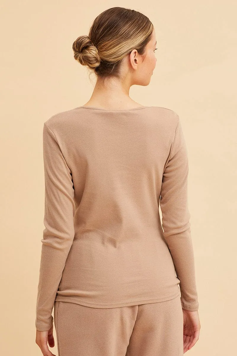 Beige Rib T-Shirt Crew Neck Long Sleeve DoubleStitchedEdges