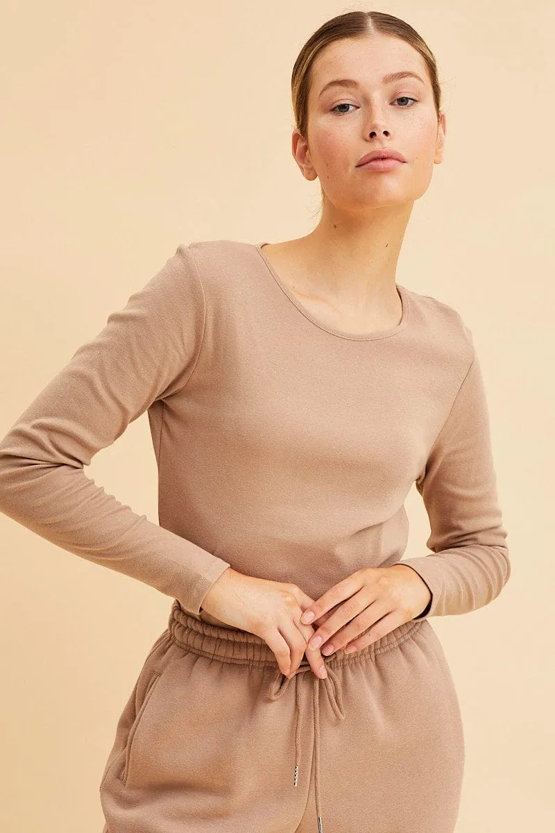 Beige Rib T-Shirt Crew Neck Long Sleeve Relaxed trousers