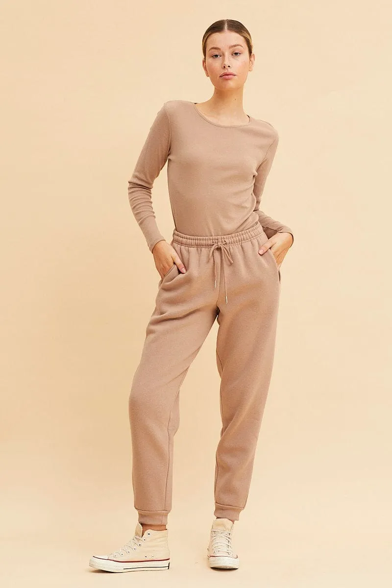 Beige Rib T-Shirt Crew Neck Long Sleeve Street Sport Downtown Cool
