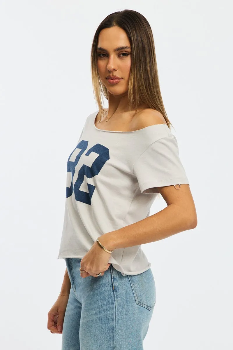 Sporty and Cool Athletic and Cool Grey Graphic Tee Off Shoulder