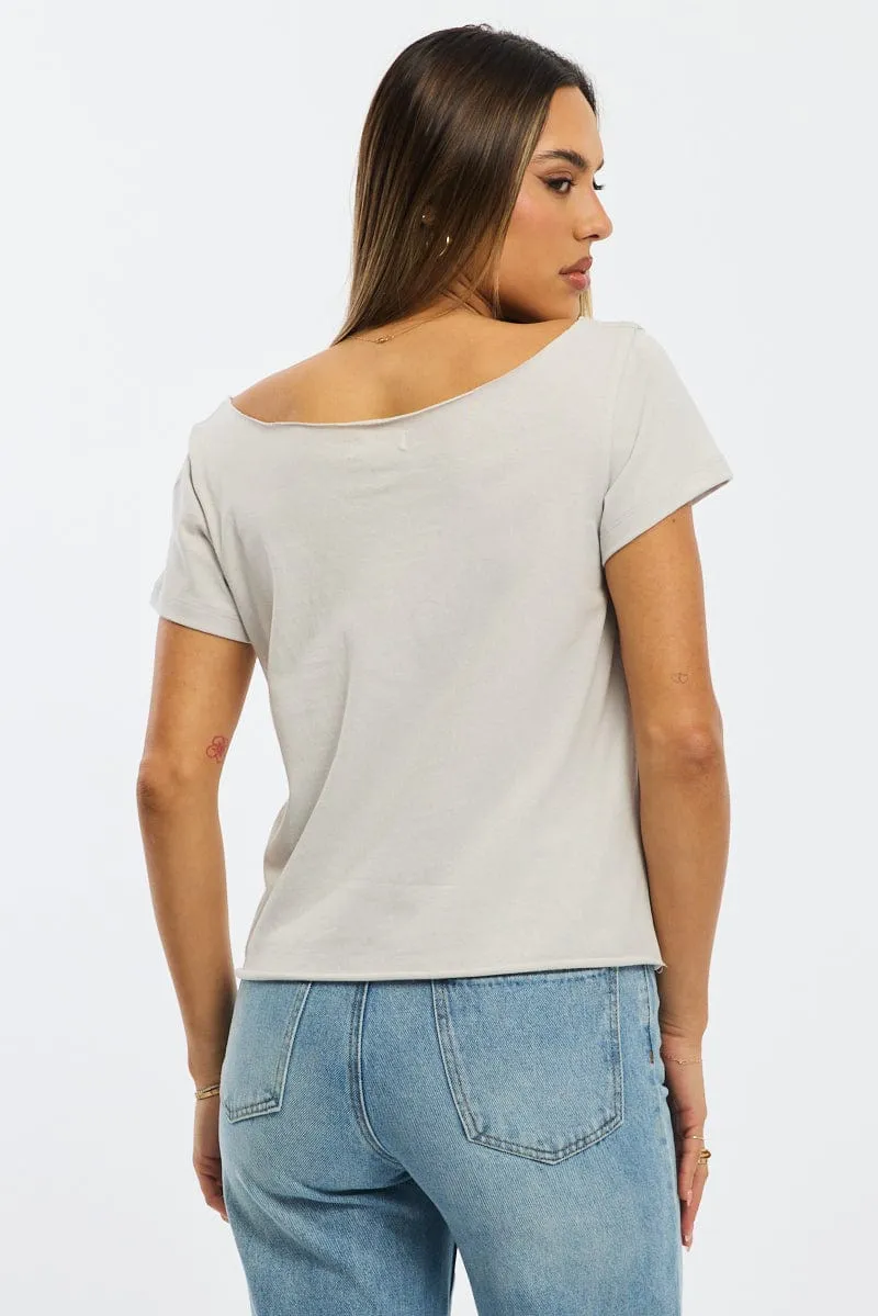 Grey Graphic Tee Off Shoulder Stylish Outfit Anti Pilling Fabric