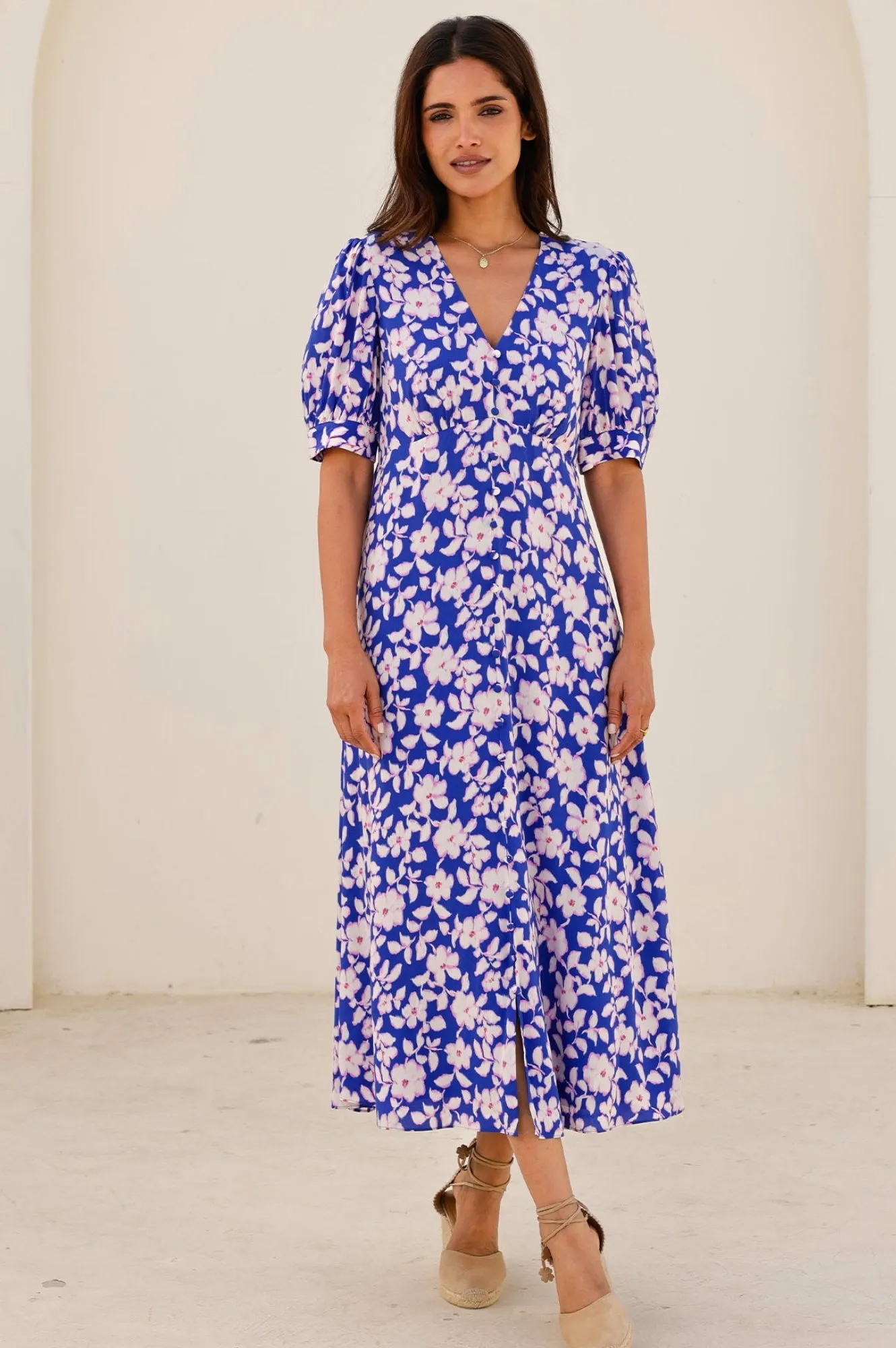 Soft-touch day dress Anne Tea EcoVero? Dress | Blossom Cobalt/Pink