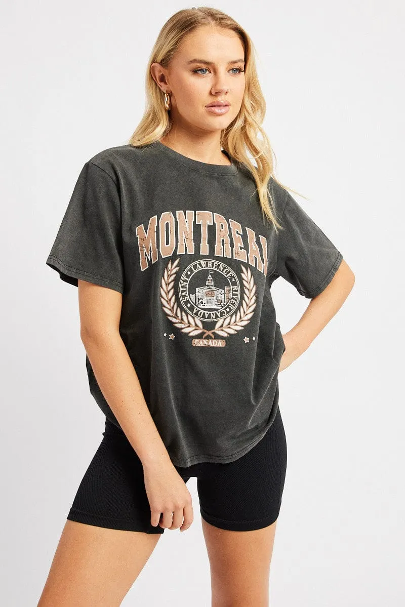 Black Graphic Tee Short Sleeve RibbedNeckBanding Functional Look