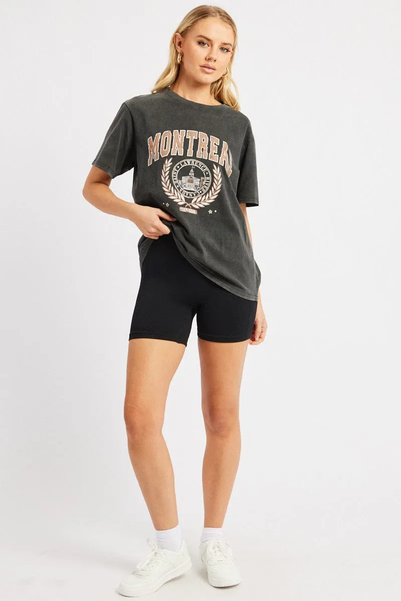Black Graphic Tee Short Sleeve Garment Washed Texture