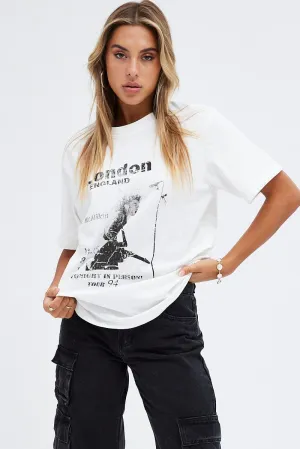 RelaxedFit White Graphic Tee Short Sleeve Crew Neck Rock Oversized