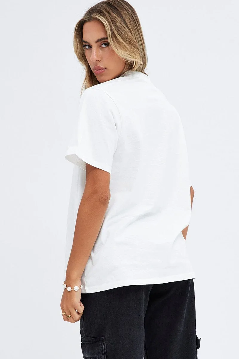 White Graphic Tee Short Sleeve Crew Neck Rock Oversized Weekend Comfort