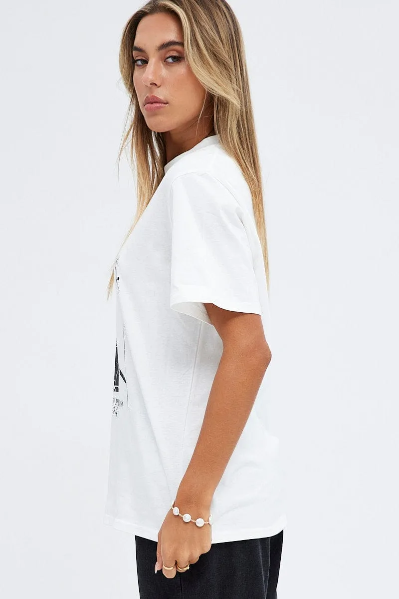 Chill Design White Graphic Tee Short Sleeve Crew Neck Rock Oversized