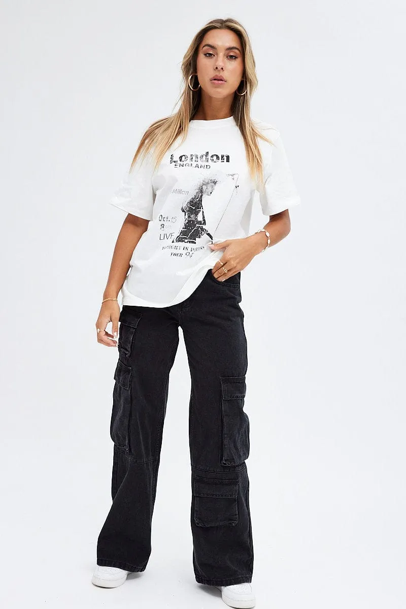 Silk combination White Graphic Tee Short Sleeve Crew Neck Rock Oversized