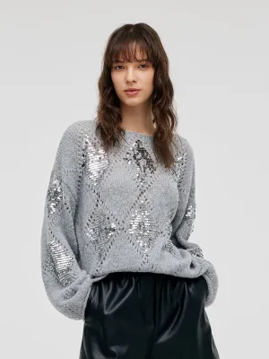 Mohair Argyle Sequins Pullover Women Sweater Stretch Knit Technology